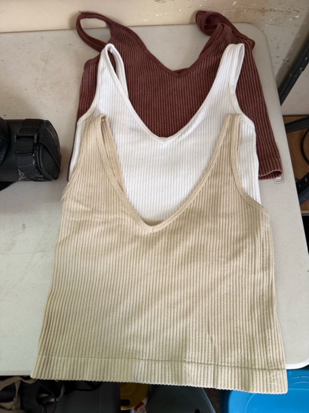 Aura Ribbed V-Neck Tank Tops in Cream, White & Brown